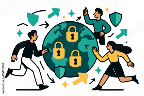 Global Cybersecurity Dynamics. Online privacy laws and their global implications. Globe with digital padlocks and abstract floating arrows, shields, and