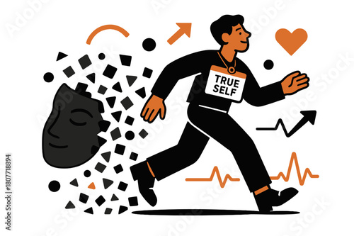 Unmasking True Self. Personal authenticity. A figure steps out from a mask that dissolves into shapes; ?True self? glows on a simple name tag. Heartbeat lines