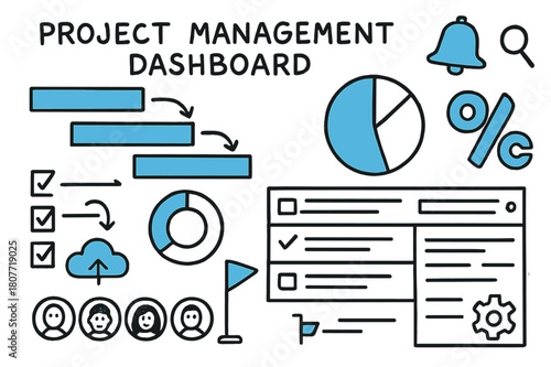 Project Dashboard Doodles. // Project management dashboard. Hand-drawn doodle illustration Project management dashboard [gantt bars (accented), pie chart