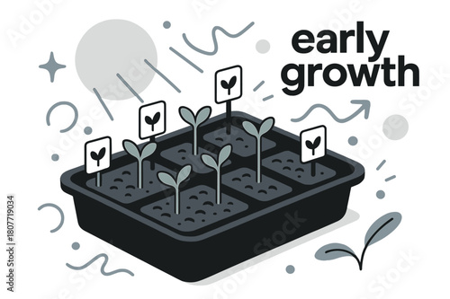 Seedlings Under Warm Light. Seeds ? Seedling Tray. Rows of neat sprouts under warm light; label tags with small leaves icon. Text ?early growth? in geometric