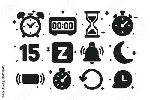 Alarms Timer Icons. Alarms and Timers. Solid icons set of Alarms and Timers: analog alarm clock, digital clock, hourglass, stopwatch, countdown digits, snooze