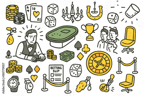 Casino Night Extravaganza. High stakes gamble. Hand-drawn doodle illustration poker chips (colored), playing cards (colored), dice (colored), casino table