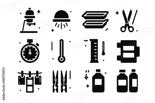 Darkroom Tools Icons. Darkroom Tools. Solid icons set of Darkroom Tools: enlarger, safe light, trays, tongs, timer, thermometer, graduated cylinder, negative