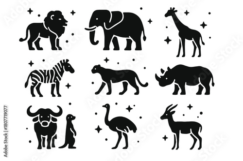 Savanna Animal Icons. Savanna Animals. Solid icons set of Savanna Animals: lion, elephant, giraffe, zebra, cheetah, rhino, buffalo, ostrich, hyena, meerkat,