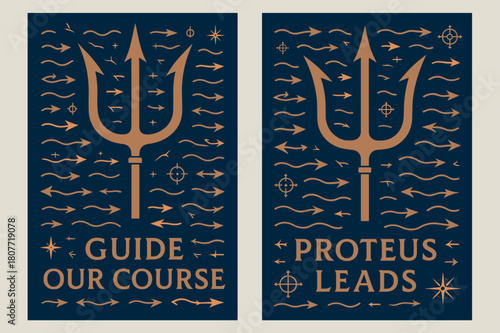 Aegean Nautical Banners. Aegean Currents. Two vertical A6 banners with safe margins, centered composition, no elements touching edges, modern, sapphire and