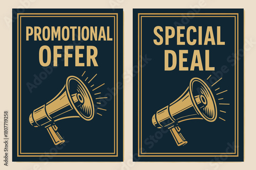 Retro Promotional Banners. PROMOTION. Two vertical A6 banners with safe margins, centered composition, no elements touching edges, retro, navy and gold,