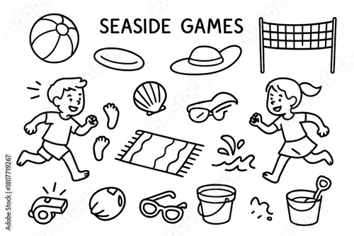 Seaside Games Doodle. Seaside games. Hand-drawn doodle illustration seaside games beach ball, frisbee, volleyball net, running kids, footprints, wave splash,