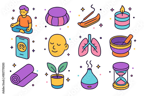 Meditation Icon Set. Meditating or practicing deep breathing. Colorful isometric vector icons set of meditating or practicing deep breathing: person in lotus