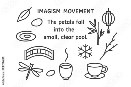 Imagism Doodle Elements. Imagism movement. Hand-drawn doodle illustration Imagism movement short poem card, leaf, pebble, water ripple, lantern, bamboo,