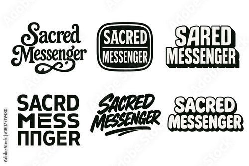 Sacred Messenger Lettering Grid. Sacred Messenger. Set lettering. harmonious lettering variations of the same emblematic concept (Whimsical curly type with