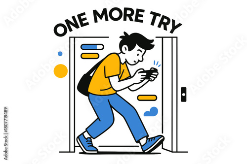 Elevator Game Pause. Playing a mobile game on the go ? Elevator wait. Doors frame the scene as progress bars float; the player tilts for one last move. ?ONE