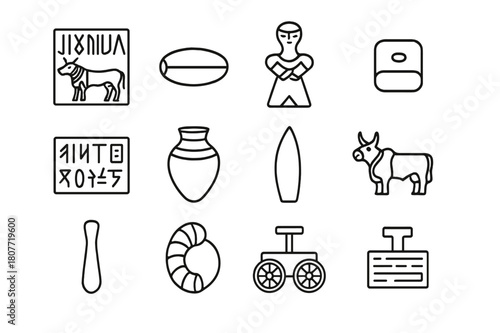 Indus Relics Icon Set. Indus Valley relics. Line icon set of Indus Valley relics: steatite seal, carnelian bead, terracotta figurine, weight stone, script