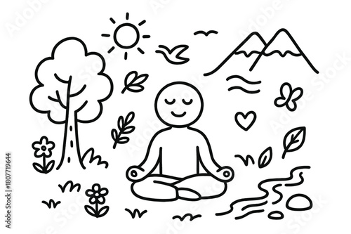 Outdoor Meditation Doodle. Meditation outdoors. Hand-drawn doodle illustration meditation outdoors lotus pose figure, mountain, tree, sun, bird, calm face,
