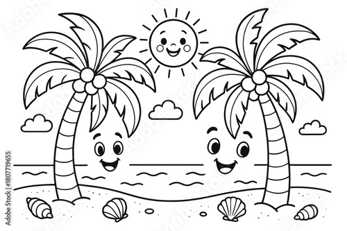 Beach Palm Coloring. Palm trees children?s coloring book illustration, outlined drawing, two friendly palm trees on a sandy beach with seashells and a smiling