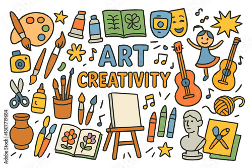 Creative Arts Doodles. Art and Creativity. Colorful Hand-drawn doodle Children illustration Art and Creativity, paints, brushes, canvases, cameras, music,