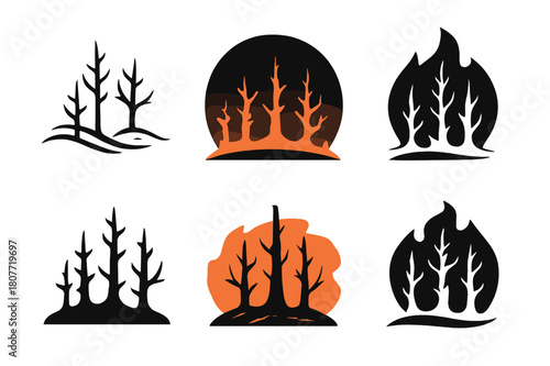 Charred Trees Emblem. blackened trees in hellscape. Set Logo of blackened trees in hellscape: Charred pine silhouette ridge. Icon set. harmonious