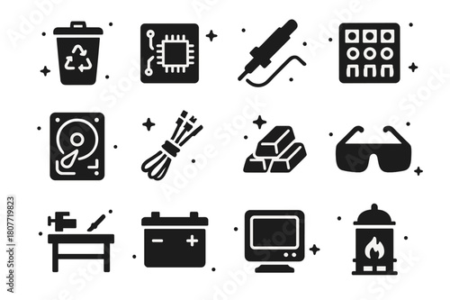 Urban E-Waste Icons. Urban mining and e-waste. Solid icons set of urban mining and e-waste: e-waste bin, circuit board, de-soldering tool, component sorter,