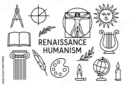 Renaissance Icons Drawing. Renaissance humanism. Hand-drawn doodle illustration Renaissance humanism laurel wreath, Vitruvian figure, compass, geometric