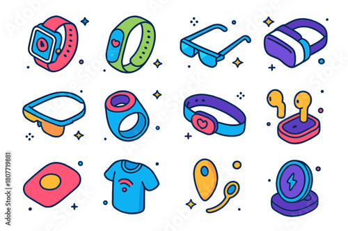 Colorful Wearable Icons. Wearables. Colorful isometric vector icons set of Wearables: smartwatch, fitness tracker band, smart glasses, VR headset, AR headset,
