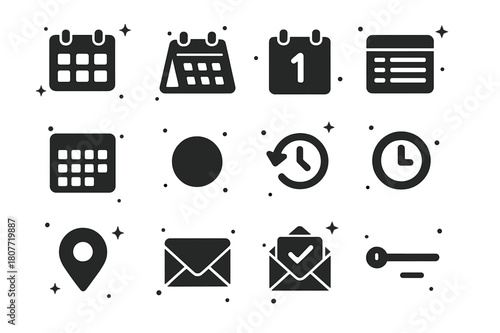 Calendar Icons Set. Calendar and Scheduling. Solid icons set of Calendar and Scheduling: wall calendar, desk calendar, date tile, weekly planner, monthly grid,