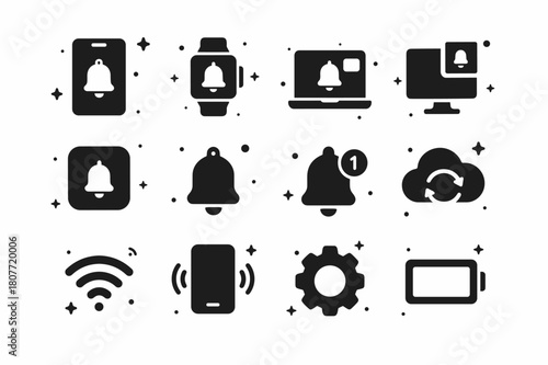 Digital Reminders Icons. Digital Reminders. Solid icons set of Digital Reminders: smartphone, smartwatch, laptop, desktop notification, app icon, push bell,