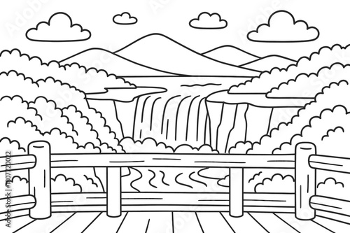 Waterfall Coloring Page. Scenic overlook children?s coloring book illustration, outlined drawing, wooden railing viewpoint above a waterfall and distant hills,
