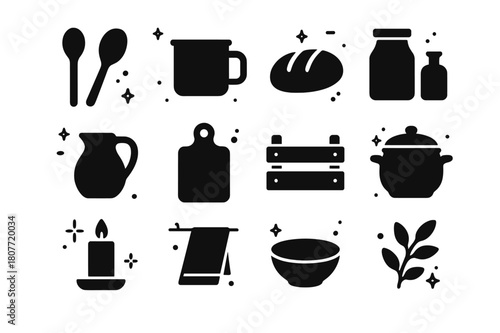 Farmhouse Kitchen Icons. Farmhouse Kitchen Decor. Solid icons set of Farmhouse Kitchen Decor: wooden spoon, enamel mug, bread loaf, jar, milk jug, cutting
