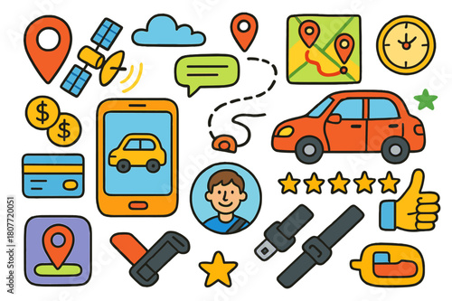 App Transport Doodle. App-based transport. Colorful Hand-drawn doodle Children illustration App-based transport smartphone, car, map route, location pins,