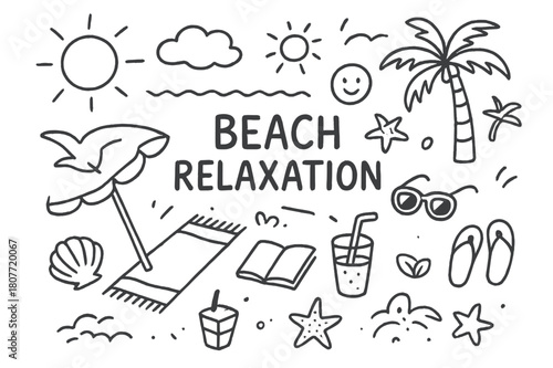 Beach Doodle Icons. Beach relaxation. Hand-drawn doodle illustration beach relaxation umbrella, towel, waves, palm tree, sun, seashell, drink, sunglasses,