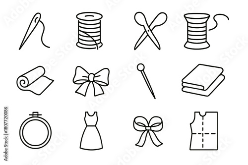 Sewing Icon Set. Sewing materials. Line icon set of sewing materials: sewing needle, thread, scissors, spool of thread, fabric roll, organza fold, pin, folded