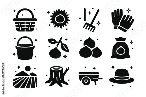 Chestnut Harvest Icons. Chestnut Harvest. Solid icons set of Chestnut Harvest: basket, chestnut burr, rake, gloves, bucket, branch, nuts pile, burlap sack,