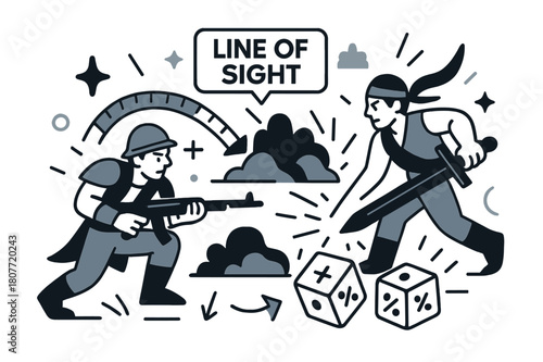 Miniature Battle Dynamics. Miniatures skirmish. A tape measure arcs between painted figures; ?Line of sight? tag pops over terrain. Dice explode into crisp