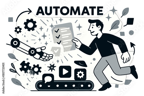 Automation in Motion. AI-powered automation. Robotic hands pass a glowing checklist to a human; gears become sparks that form stars. ?Automate? hovers above a