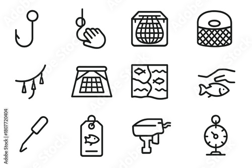 Responsible Fishing Icons. Responsible Fishing. Line icon set of Responsible Fishing: circle hook, handline, selective gillnet, fish trap pot, bird scaring