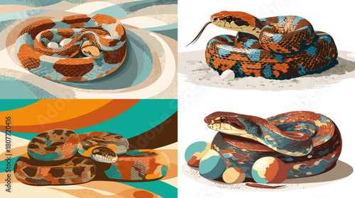 Colorful illustration of a snake curled around eggs with bold artistic patterns and warm tones, highlighting reptile behavior, nesting, and wildlife in a modern graphic style.