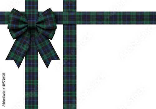 Classic Blackwatch tartan bow with aligned horizontal and vertical ribbon, rich navy and green palette ideal for traditional winter packaging, Scottish-inspired seasonal branding, and premium holiday 