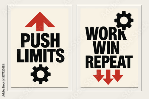 Brutalist Banners Design. Push limits. Two vertical A6 banners with safe margins, centered composition, no elements touching edges, brutalist, black and red,