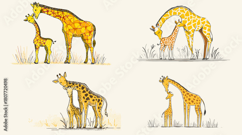Bright illustration of a giraffe parent and calf interacting in the savanna, featuring tall graceful poses, warm yellow tones, and gentle lines that highlight wildlife bonding.