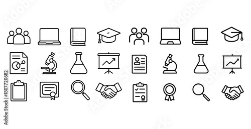 Set of education and business icons: laptops, graduation caps, microscopes, certificates
