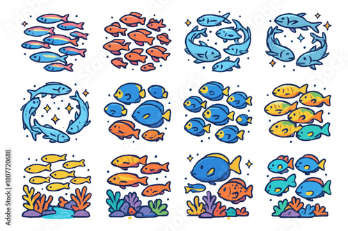 Colorful Reef Icons. Coral reef schooling species. Colorful isometric vector icons set of Coral reef schooling species: fusilier fish group, anthias cloud,