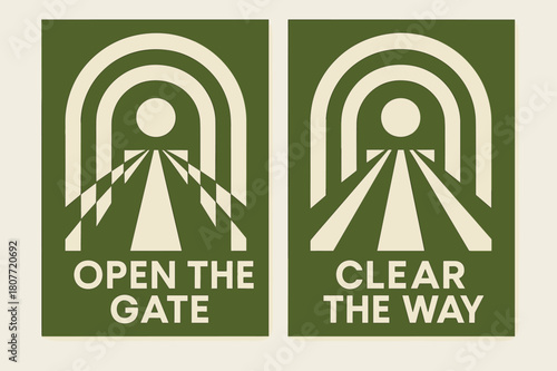 Geometric Gateways Banners. Geometric Thresholds. Two vertical A6 banners with safe margins, centered composition, no elements touching edges, geometric, olive