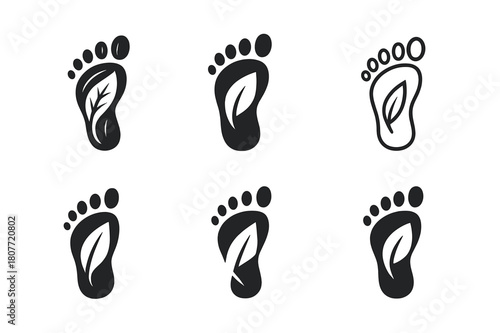 Leaf Footprint Logos. Hidden trail. Set Logo of Hidden trail: leaf-marked footprint. harmonious logo variations of the same emblematic concept, each with