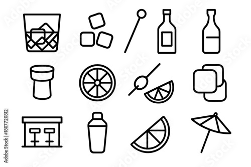 Crystal Glass Icons Set. Alcohol in crystal glass. Line icon set of alcohol in crystal glass: whiskey glass, ice cubes, cocktail stirrer, bottle, cork, lemon