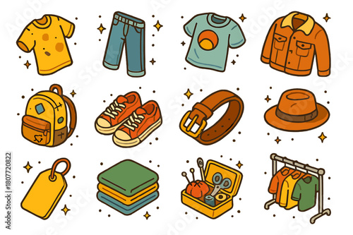 Vintage Clothing Icons. Vintage clothing collection. Colorful isometric vector icons set of Vintage clothing collection: worn T-shirt, retro denim jeans, faded