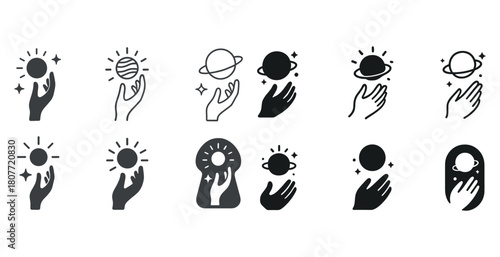 Set of cosmic hand icons with suns and planets in various styles