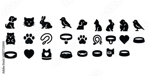 Black pet icon set including dog cat rabbit bird hamster accessories