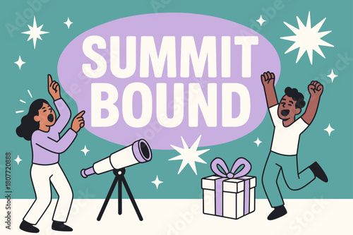 Summit Celebration Scene. Summit bound banner, flat vector illustration, bold oversized text inside rounded blob, cartoon characters shouting and dancing,
