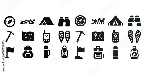 Outdoor camping and hiking equipment icons set