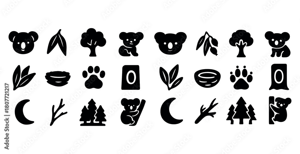 Naklejka premium Koala and nature silhouettes: trees, leaves, paw prints, moons
