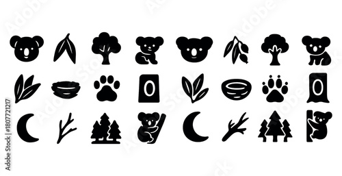 Koala and nature silhouettes: trees, leaves, paw prints, moons